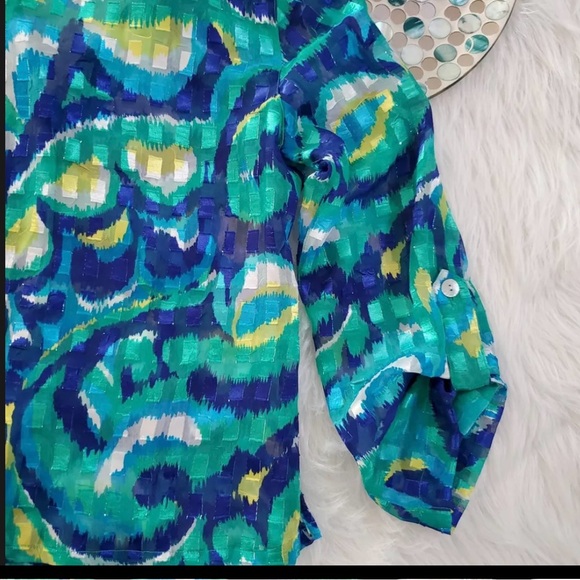 Ruby Rd Favorites Womens Top Size 18 Green Blue Sheer Textured Button Down - Picture 7 of 7